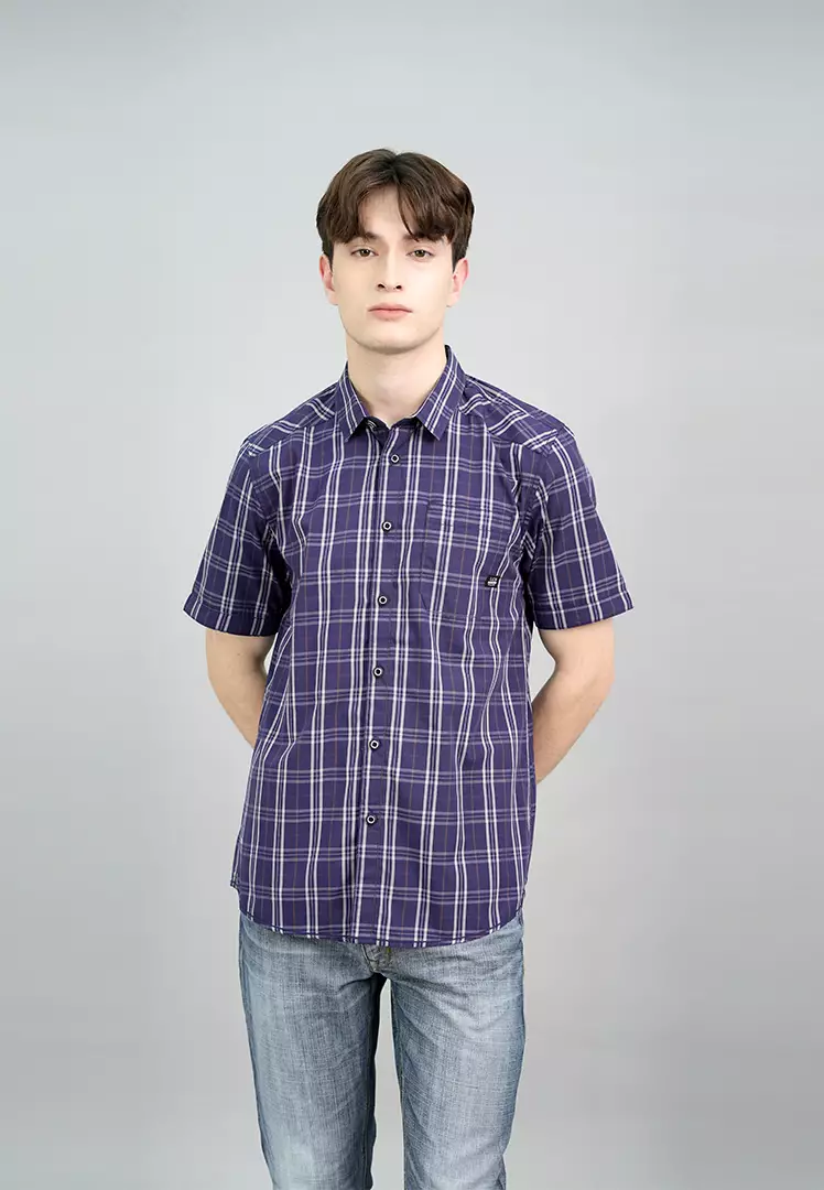 LGS - Kemeja Casual Pria Lengan Pendek Motif Kotak-Kotak Warna Ungu Slim Fit - JSH.390.S1194F.936.C