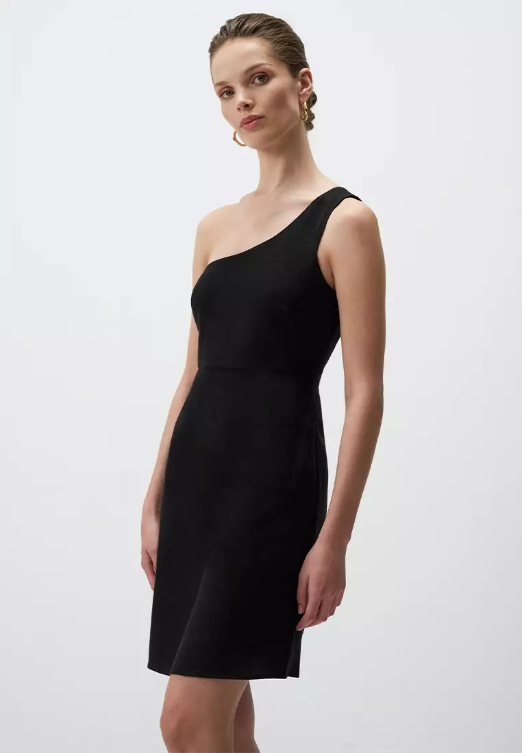Jimmy Key Black One Shoulder Window Detail Mini Linen Dress