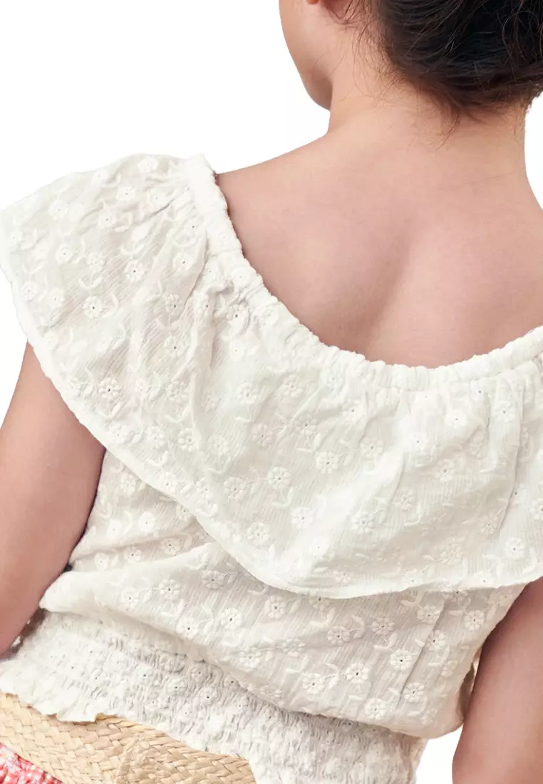 Felicia Embroidered Top With Wide Ruffled Neckline