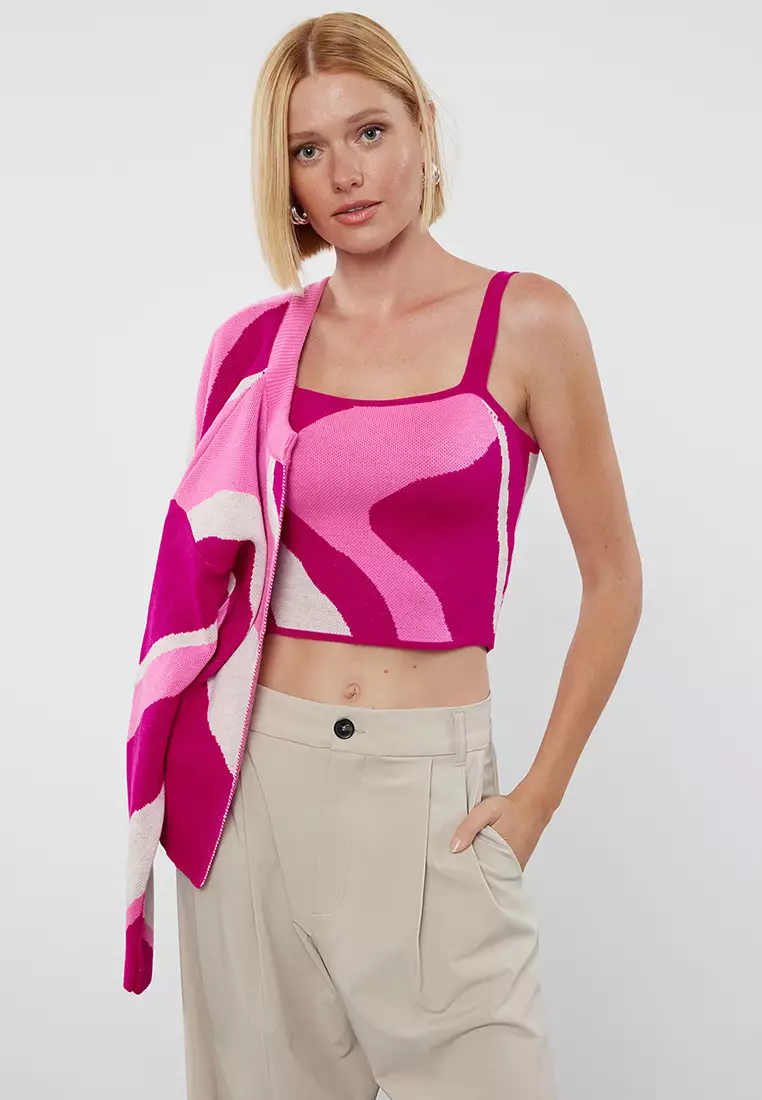 Colorblock Print Cardigan & Tank Top Set