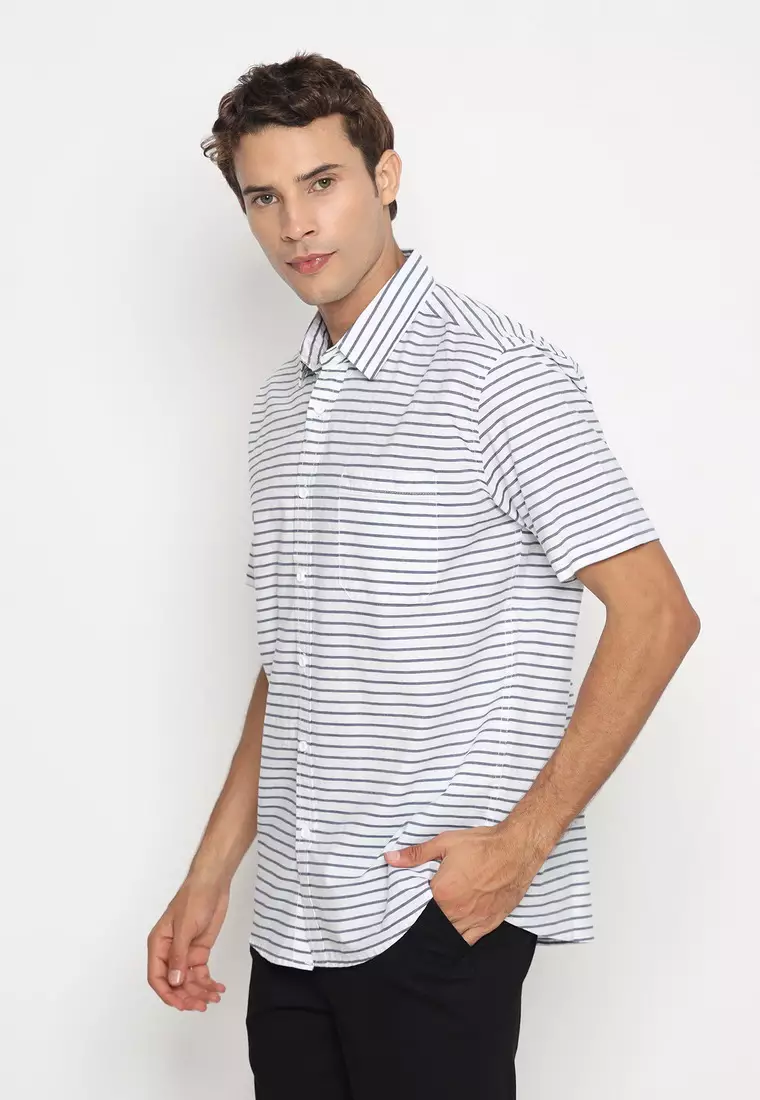 RBJ Kemeja Salur Printing Putih Regular Fit Pria