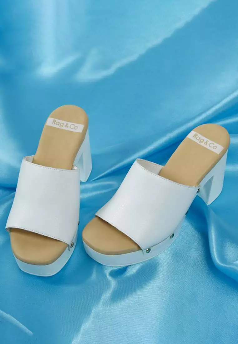 White Recycled Leather Block Heel Clogs
