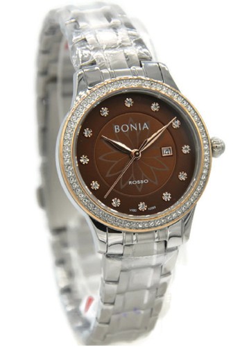 Bonia Rosso BNB10269-2347S Jam Tangan Wanita Stainless Steel Silver Ring Rosegold Plat Coklat