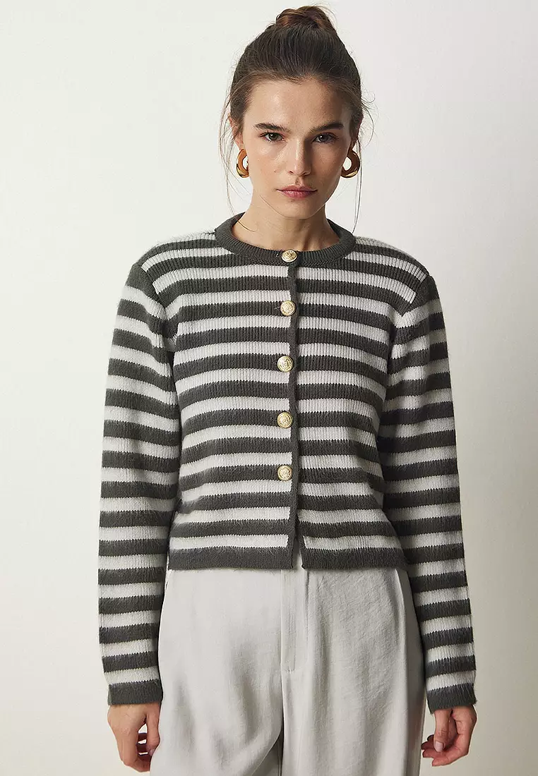 Buy Happiness Istanbul Metal Button Detailed Striped Knitwear