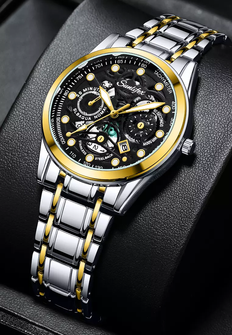 Jam Tangan Pria Anti Air Kuarsa Original Tali Stainless Steel Bisnis Santai Jam Tangan Cowok gold black