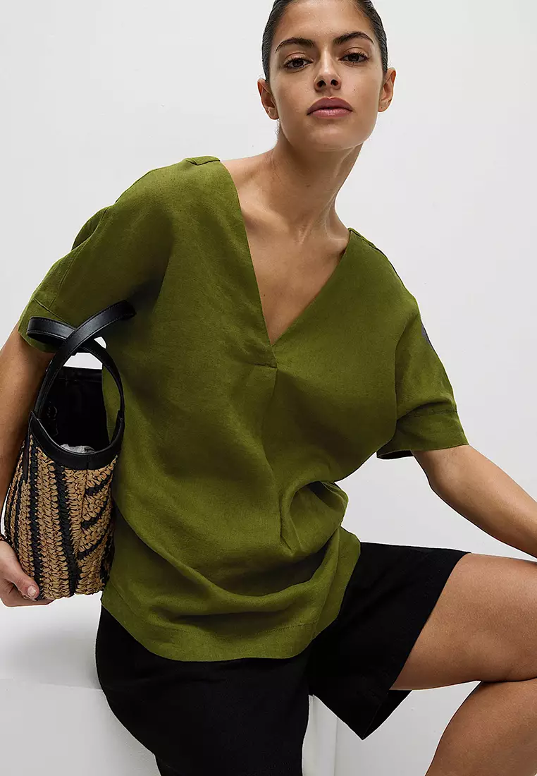 Pure Linen V-Neck Relaxed Popover Blouse