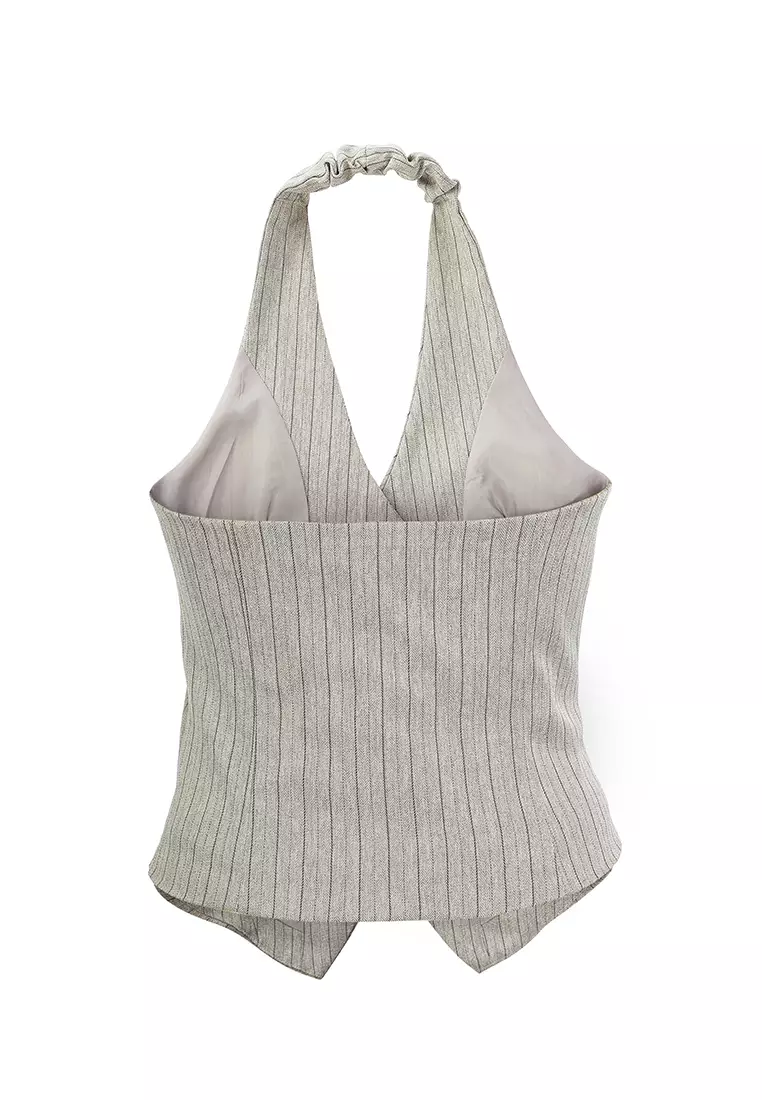 Atasan Halterneck Herringbone dalam warna Taupe