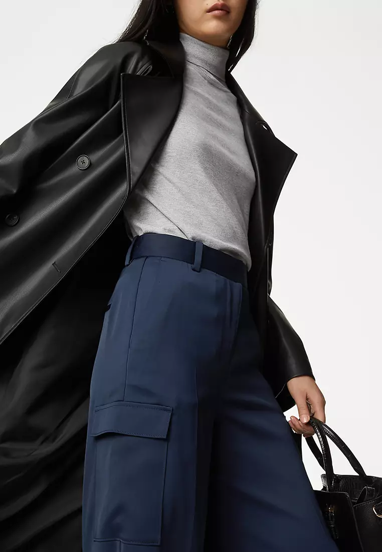 Satin Cargo Wide Leg Trousers