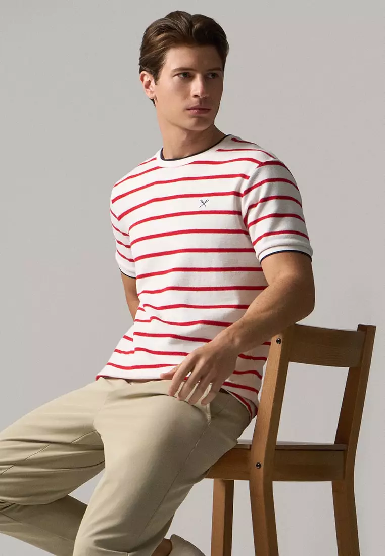 Regular Fit Striped T-Shirt With Contrast Tipping Detail In Honeycomb Pique