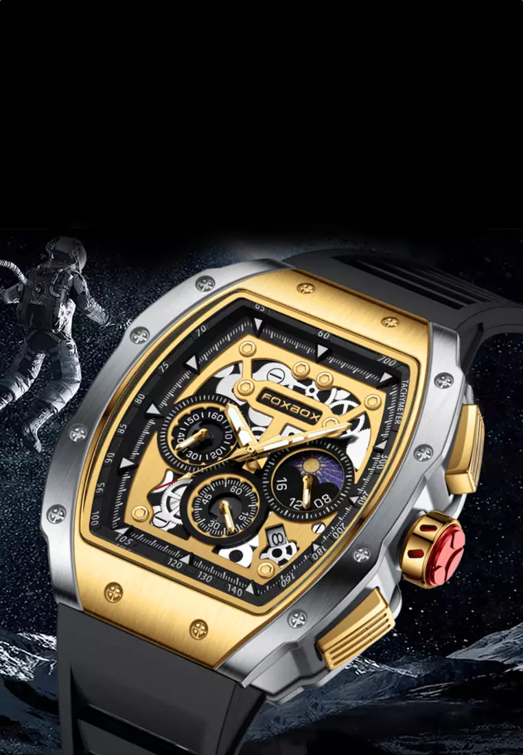FOXBOX Chronograph Unisex IP Gold & Stainless Steel Quartz Watch, 52x45mm, Gold Color dial on Rubber Strap
