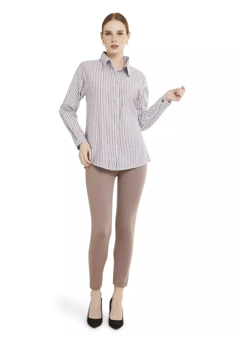 Kemeja Salur Basic Lengan Panjang Garis Shirt Wanita - Coklat