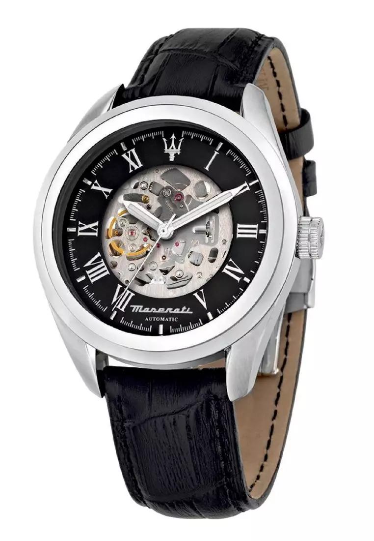2 Years Warranty Maserati Traguardo 45mm Black Skeleton Dial Men s Automatic Watch R8821112004 With Luminous Hands