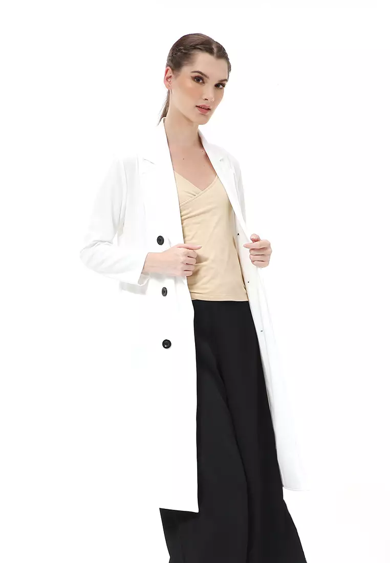 Myra Outerwear Wanita Long Blazer Desain Kancing Plain Motive Material Wedges ORIGINAL - White