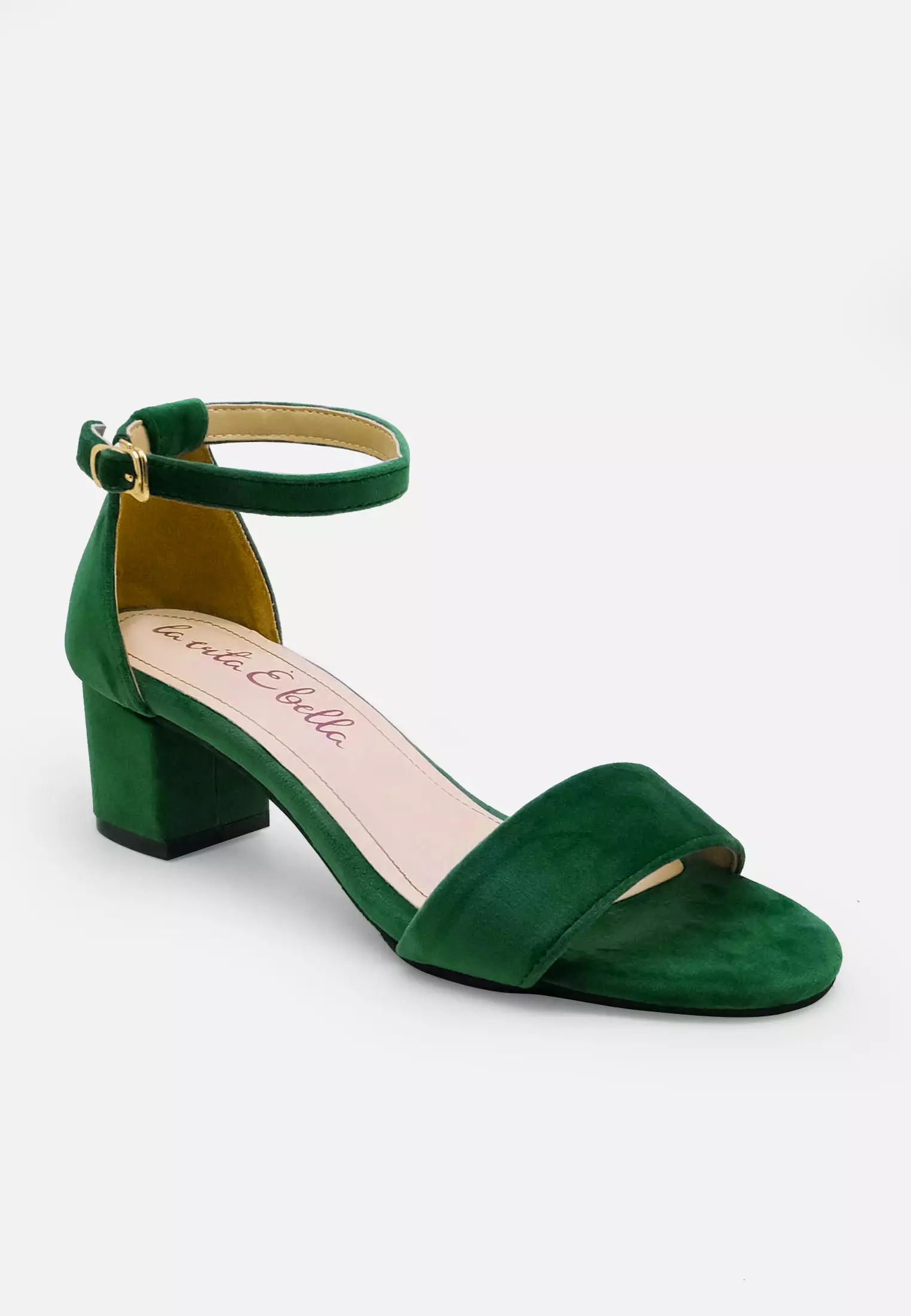 Blanche Ankle Strap Sandal Block Heels Wanita Suede Velvet