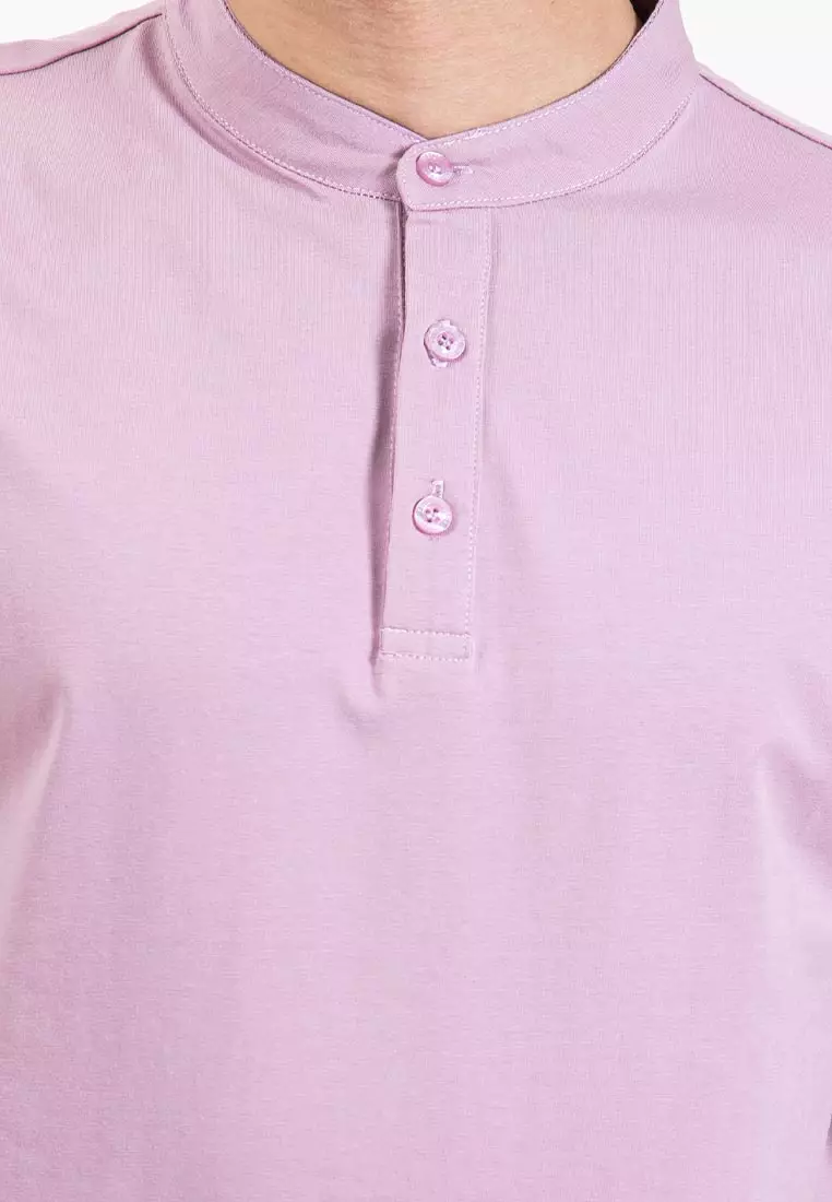 Forest Premium Weight Cotton Stretchable Mandarin Collar T Shirt Men Slim Fit Tee | 23856-76SmokePurple