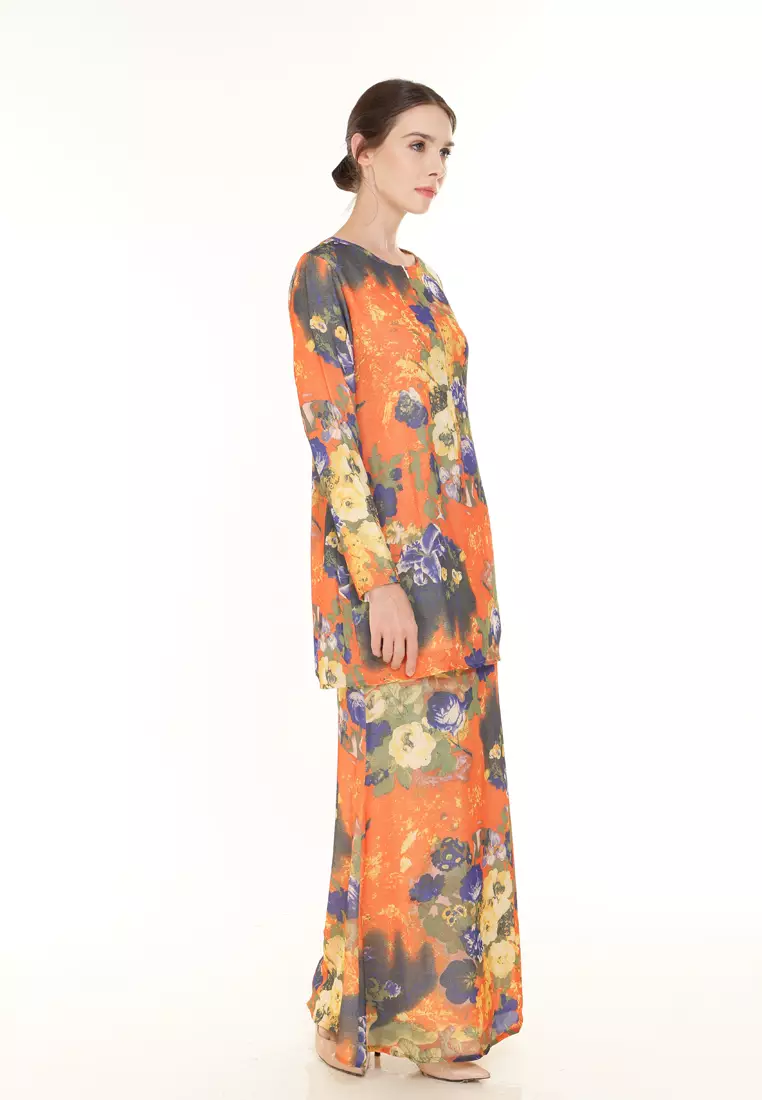 Rina Printed Kurung in Orange Colourful Flower