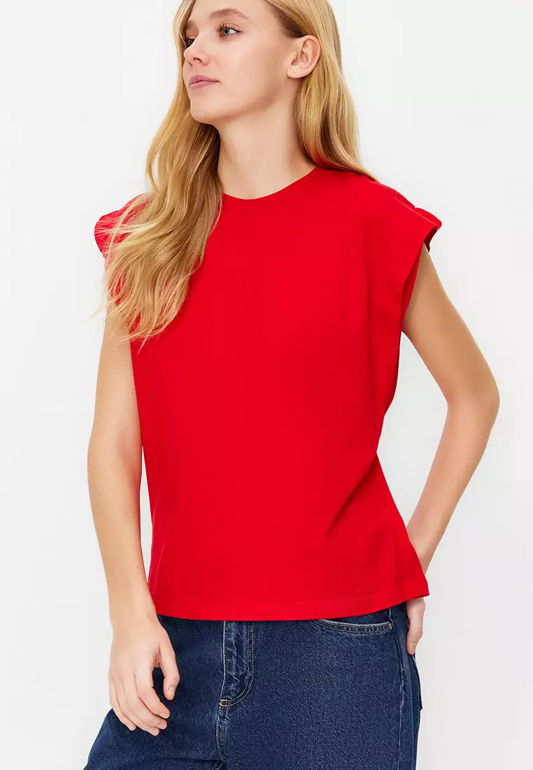 Red Striped Striped Padded Look Basic Crew Neck Knitted T-Shirt