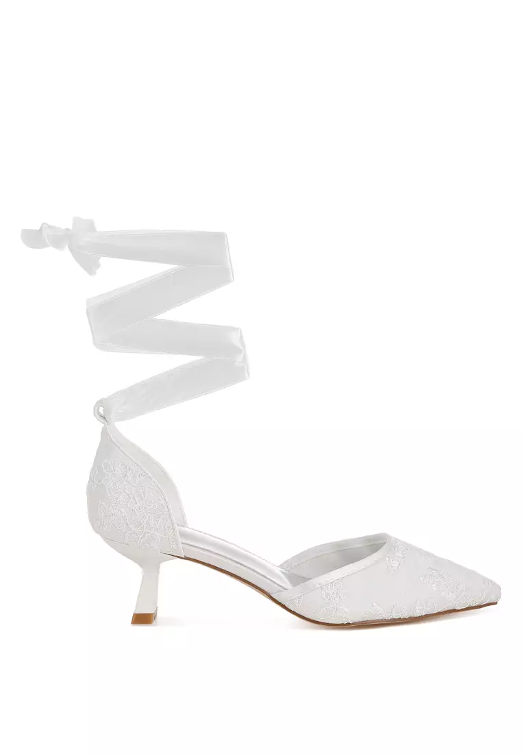 Lace Kitten Heel Sandals in White