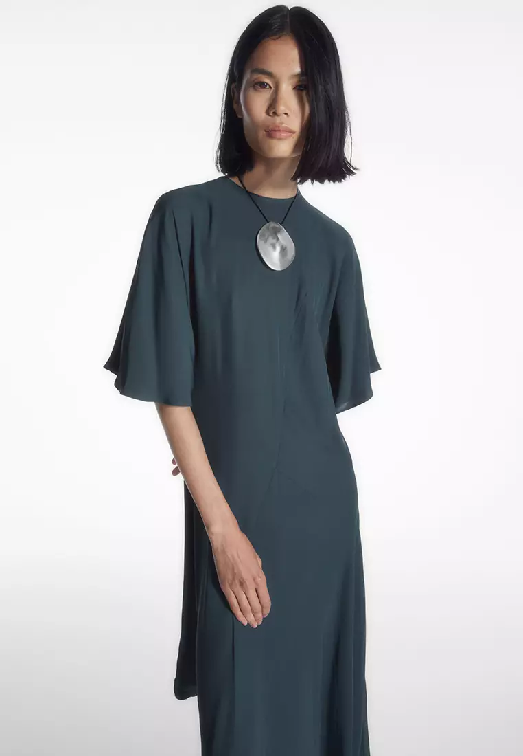 ASYMMETRIC DRAPED MIDI DRESS