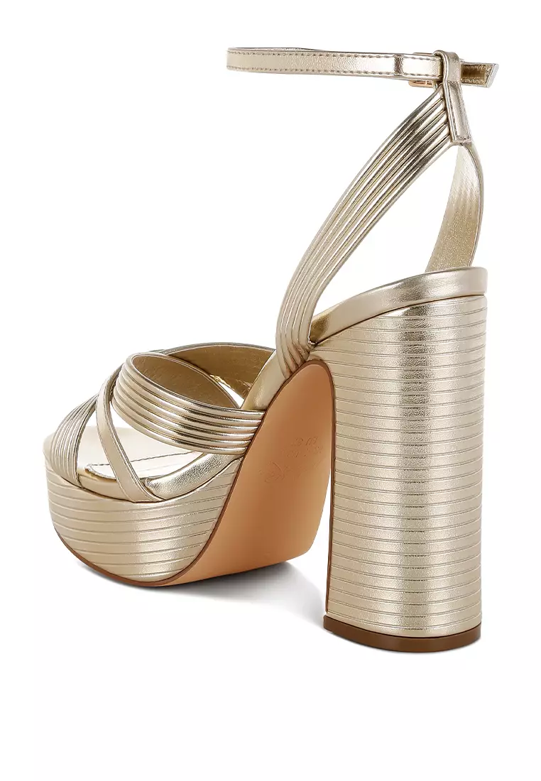 Metallic Ankle Strap Heel Sandals in Gold