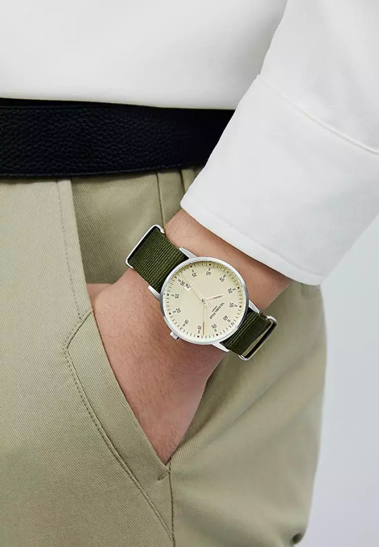 Men's Casual Watch φ39mm Round Dial Nylon Strap Bauhaus Style Calendar Function Waterproof Watch Orton-Dark Green