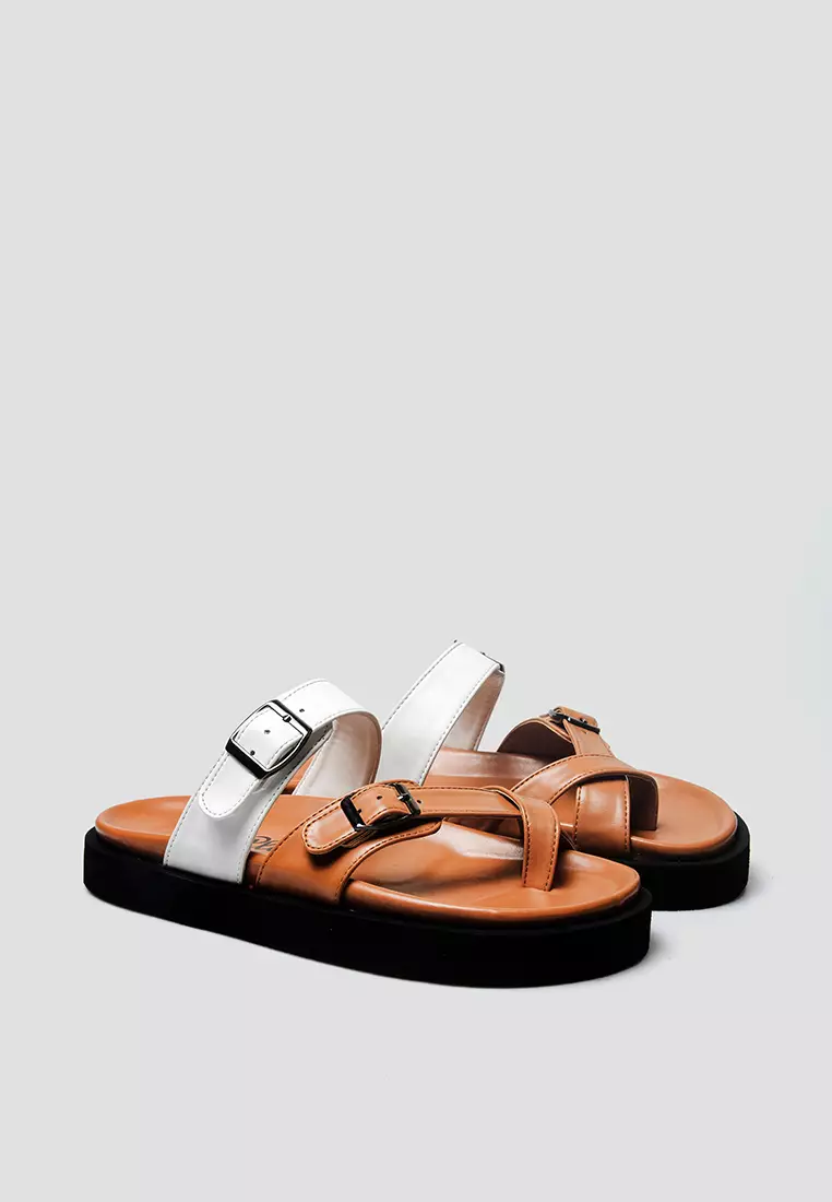 Malika Brown White Slide Sandals