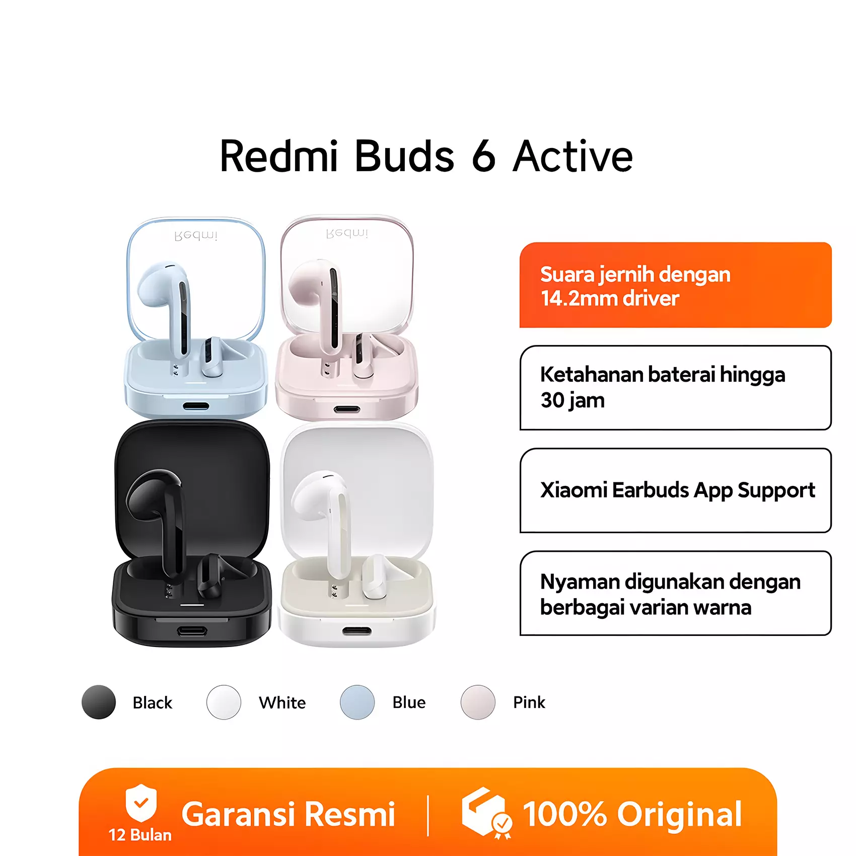 Xiaomi Redmi Buds 6 Active | Google Fast Pair | Baterai Hingga 30 Jam | Audio Spasial | IPX 4 - Black
