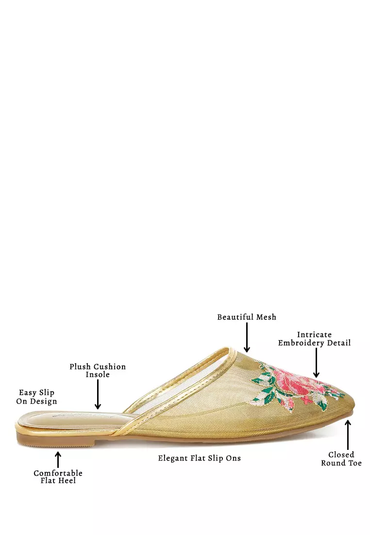 Floral Embroidered Mesh Mules in Gold