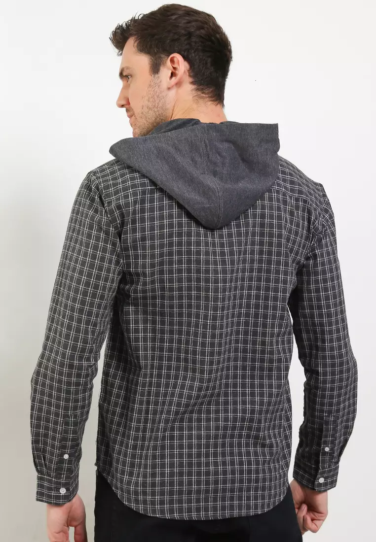 Kemeja Flanel Motif Kotak-Kotak Lengan Panjang + Hoodie 2972J04