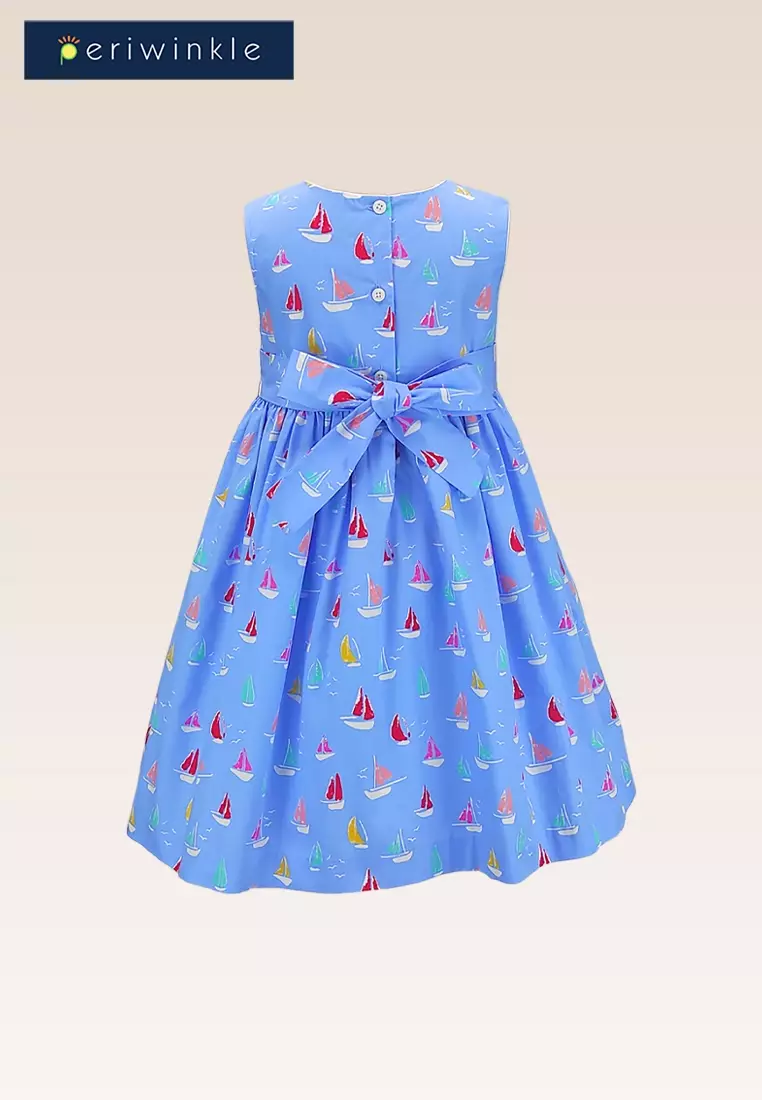 Gretche Girls Sky Blue Boat Print Dress with Bow Details at Front