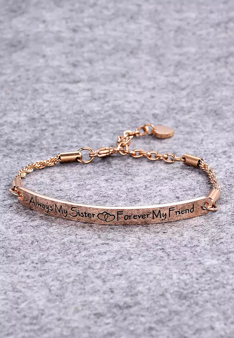 Sisters Forever Inscriptions Rose Gold Bar Bracelet
