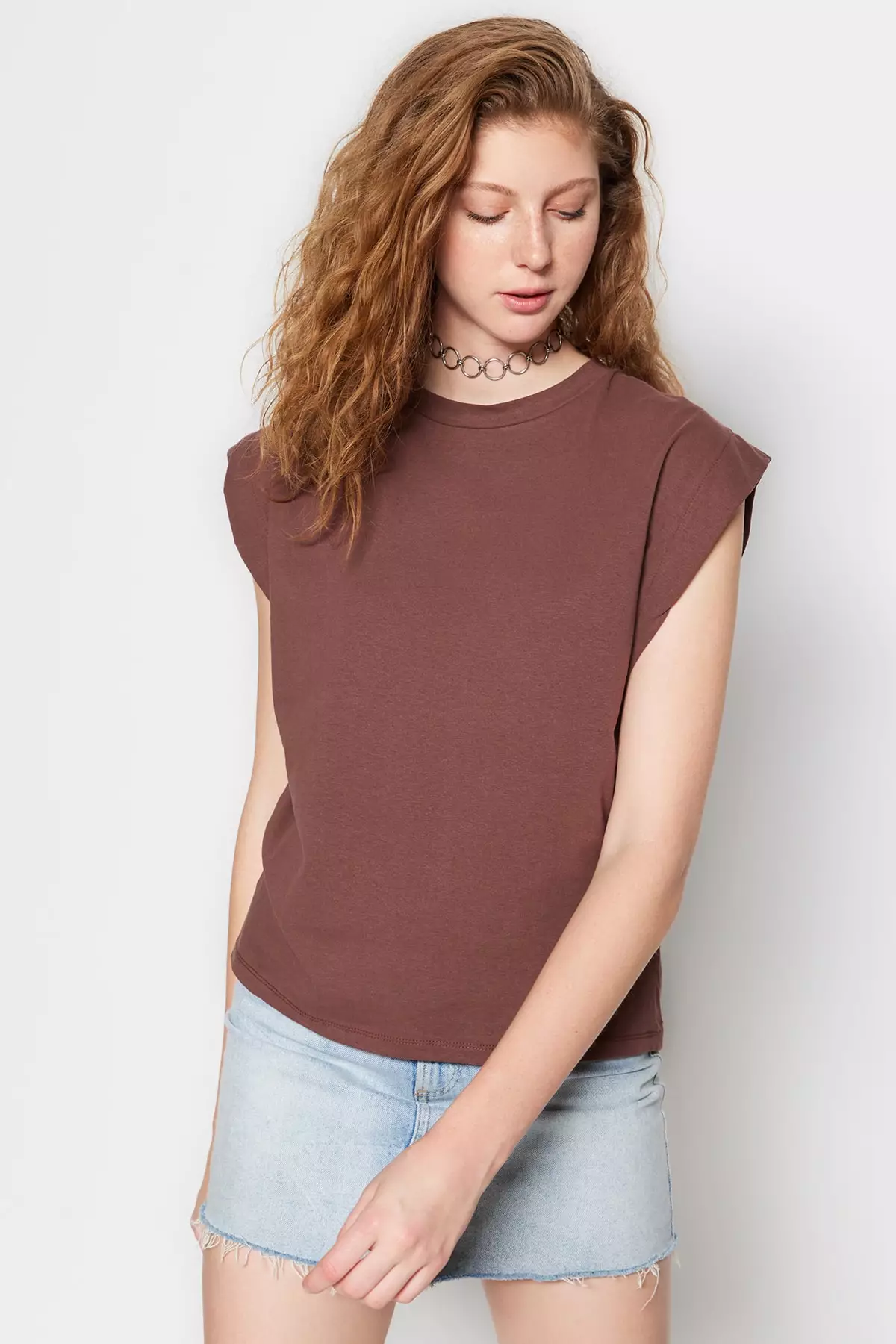 Brown 100% Cotton Wadding Look Basic Crew Neck Knitted T-Shirt Twoss20Ts0021