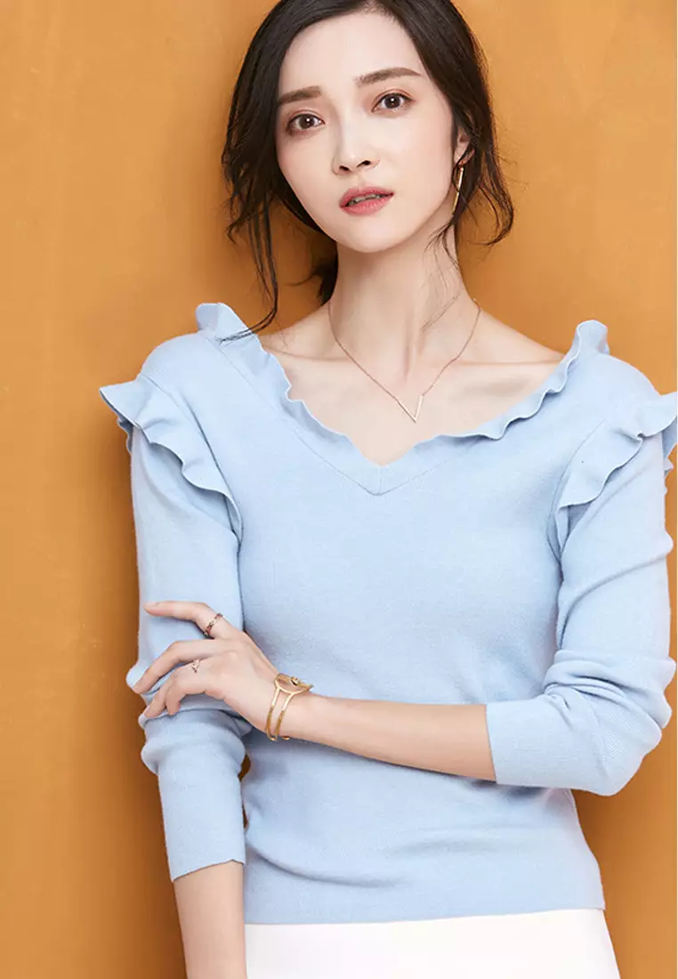 Buy Sunnydaysweety F/W Light Blue V-neckline Long Sleeve Top