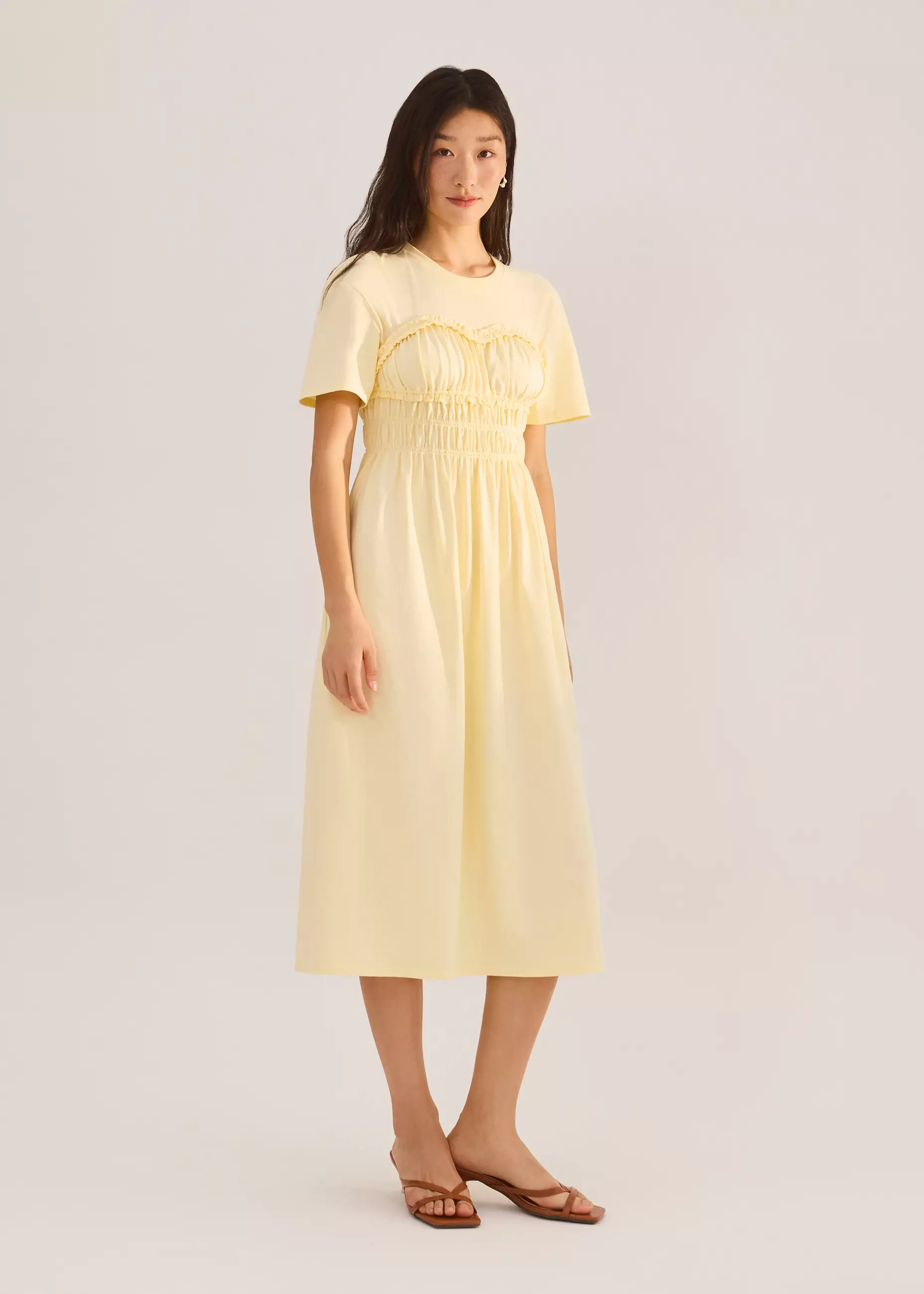 Dress Wanita - Jersey Ruched Bodice Round Neck Midi Dress