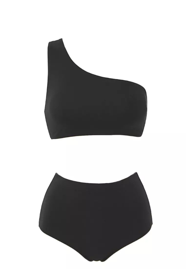 Sexy Solid Color One Shoulder High Waist Bikini Split Swimsuit A22031731BK