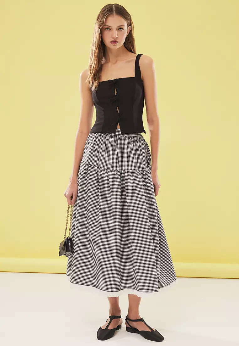 Gingham Pattern Lace Detailed A-line Midi Skirt