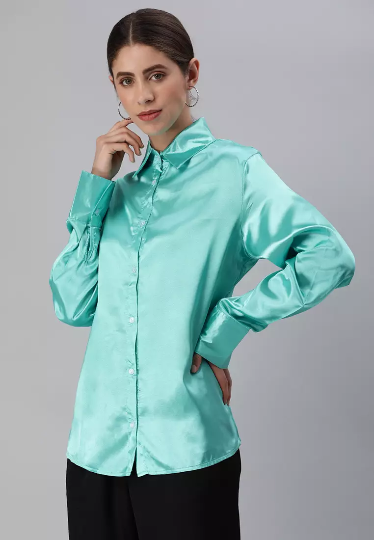Aqua Long Sleeve Satin Shirt Blouse