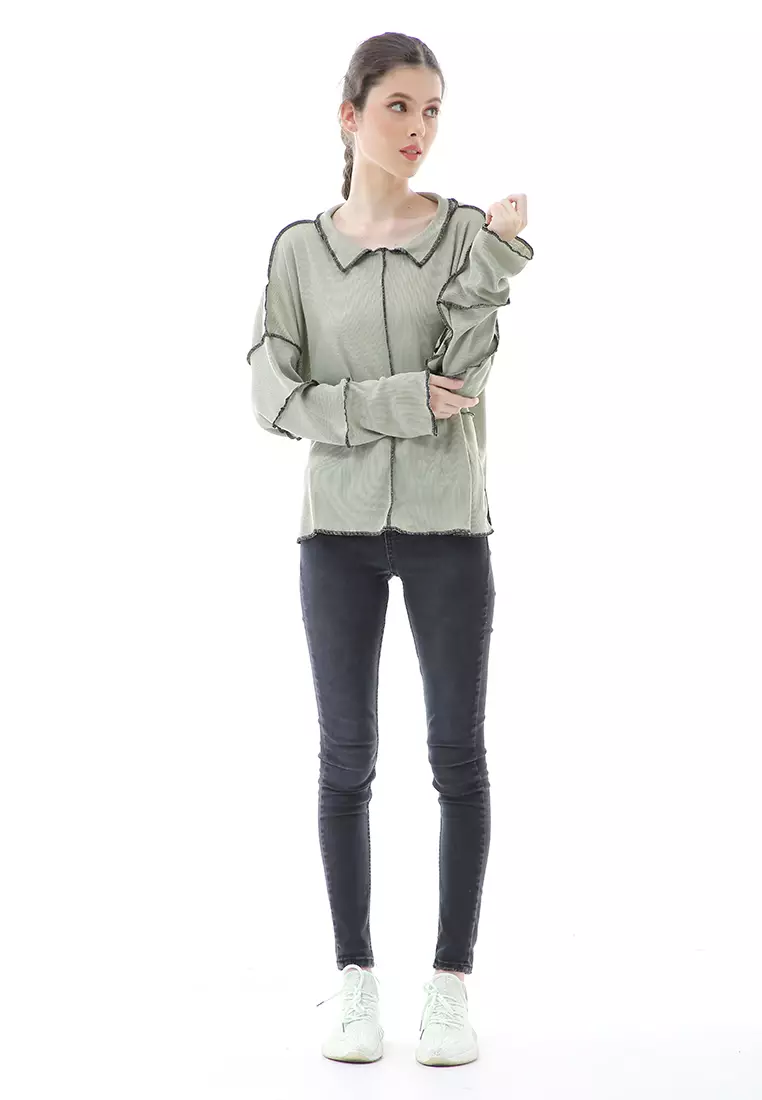 Veronica Blouse Terbalik Relaxed Motif Polos Long Sleeve Premium Quality - Mint