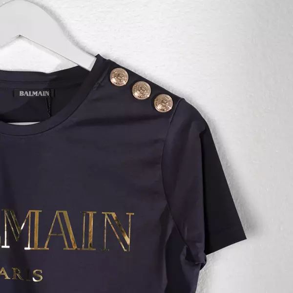 Kaos BALMAIN FLOCKED TEXT OUTLINE GOLD NAVY TSHIRT 100% ORIGINAL