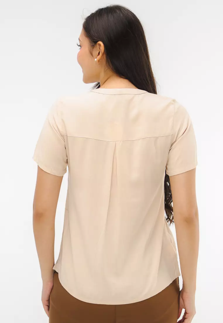 Woven Plain Rayon Short Sleeves Blouse