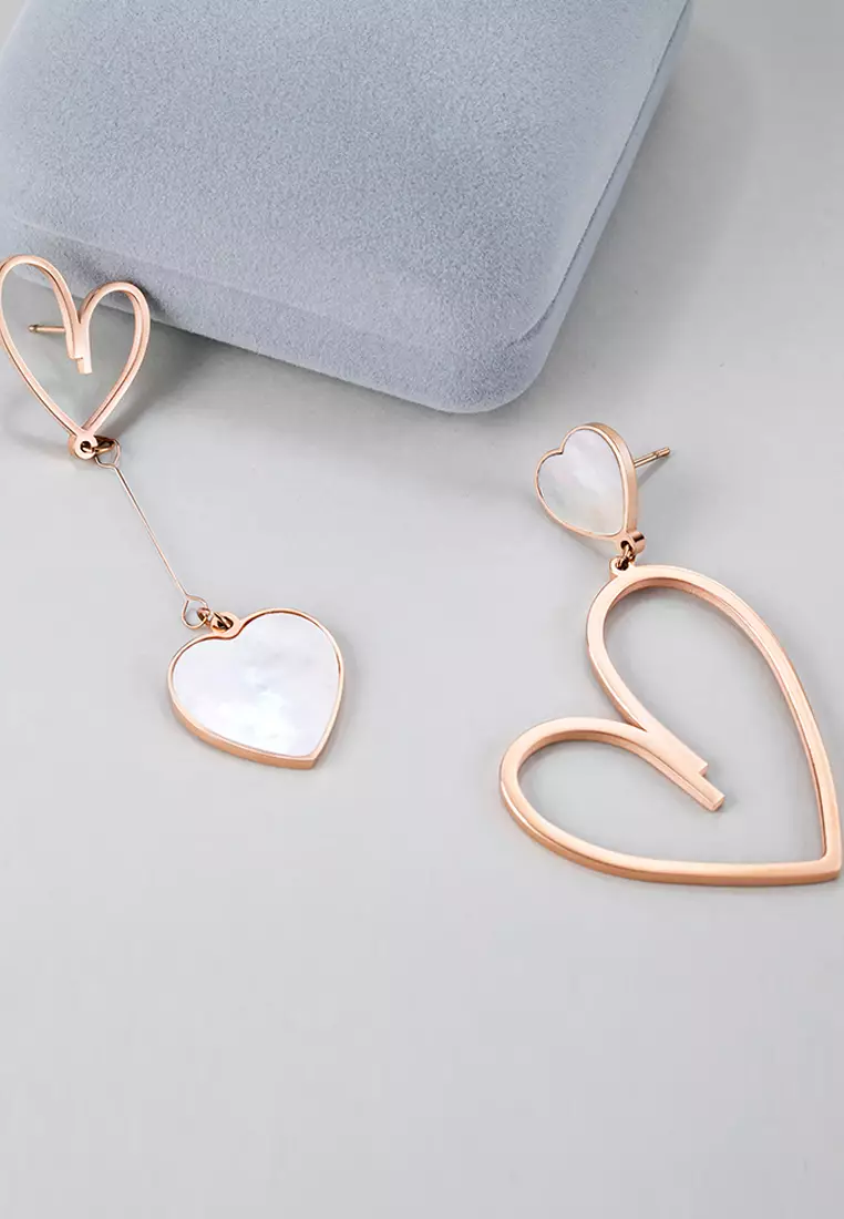 Open-Hearted MOP Shell Inlaid Asymmetrical Earrings Rose Gold Layered