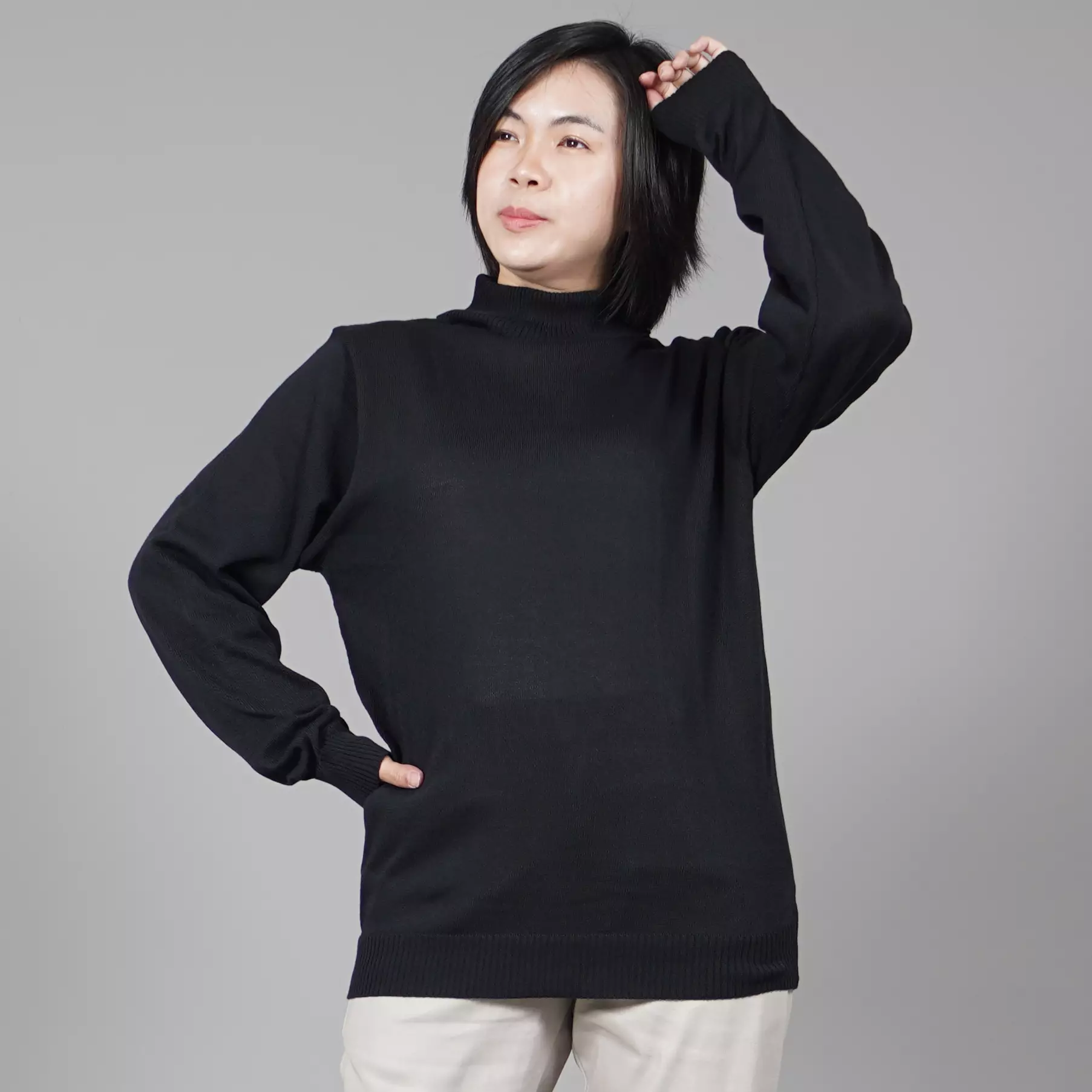  JEHOON Turtle Neck Wanita Knit Sweater Turtle Neck - HITAM