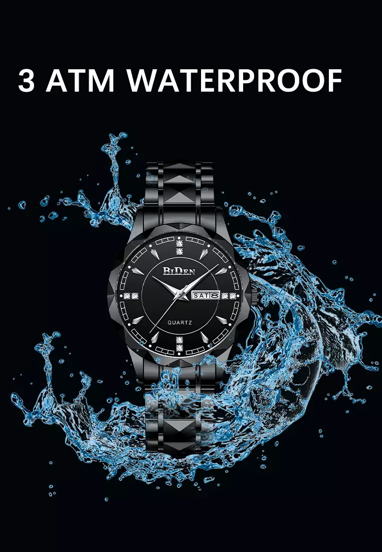 Jam Tangan Pria Anti Air Original Cowok Kalender Bercahaya Analog Luminous Stainless Steel Men Watch Hitam