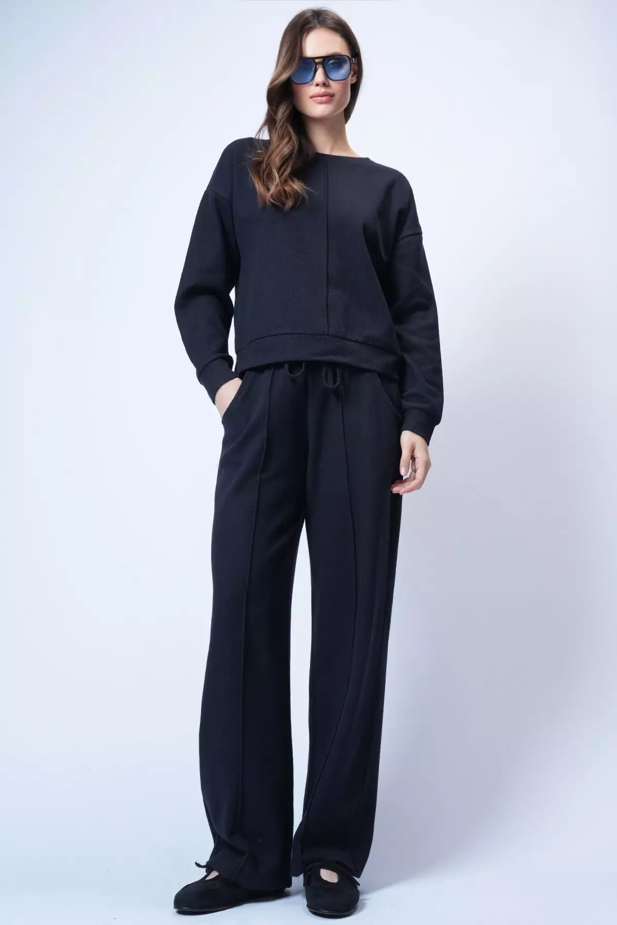 Women'S Navy Blue Crew Neck Ribbed Stitching Blouse And Double Pocket Green Trousers Set Alc-X14543