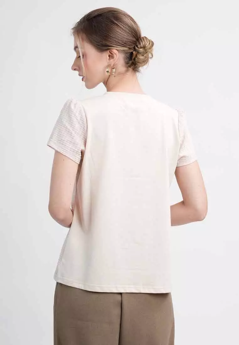 Vera Textured Woven Top with Short Puff Sleeves