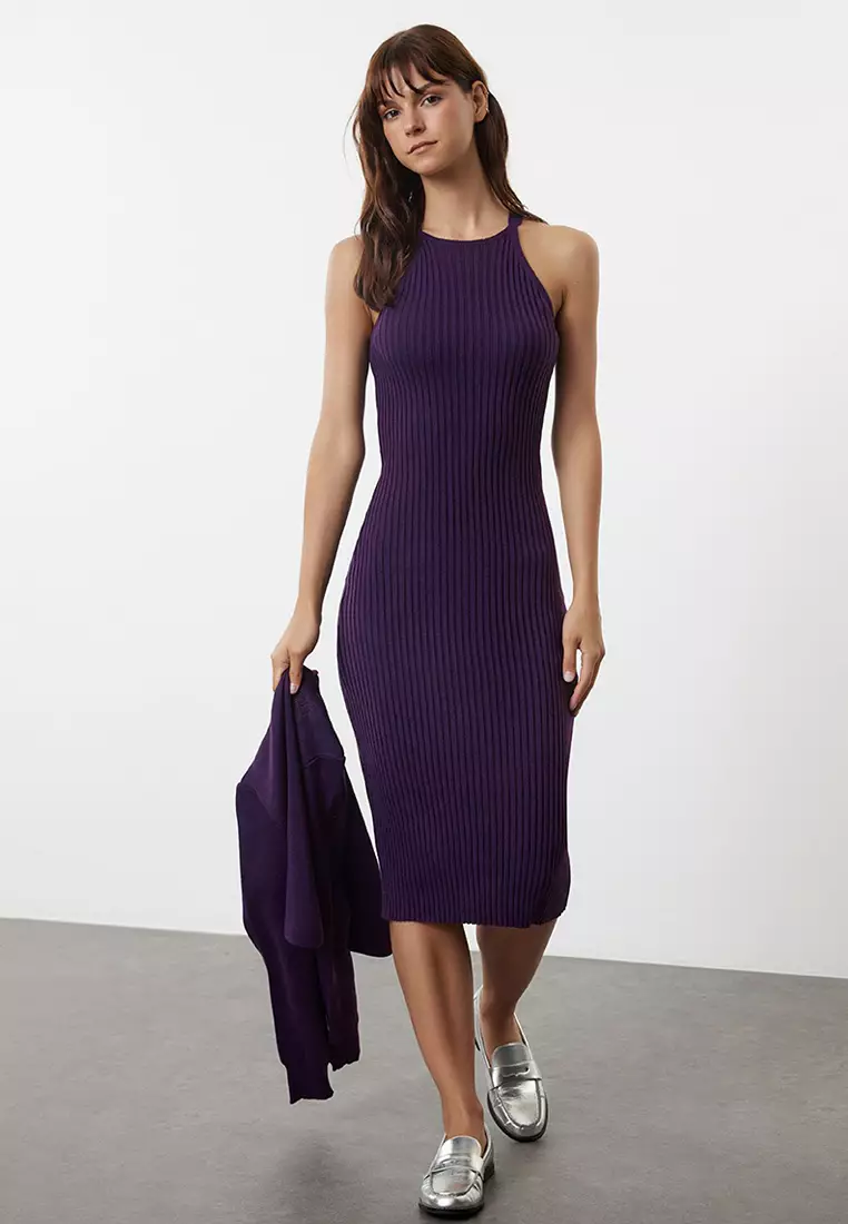 Purple Midi Knitwear Basic Cardigan Dress Twoss23El00738