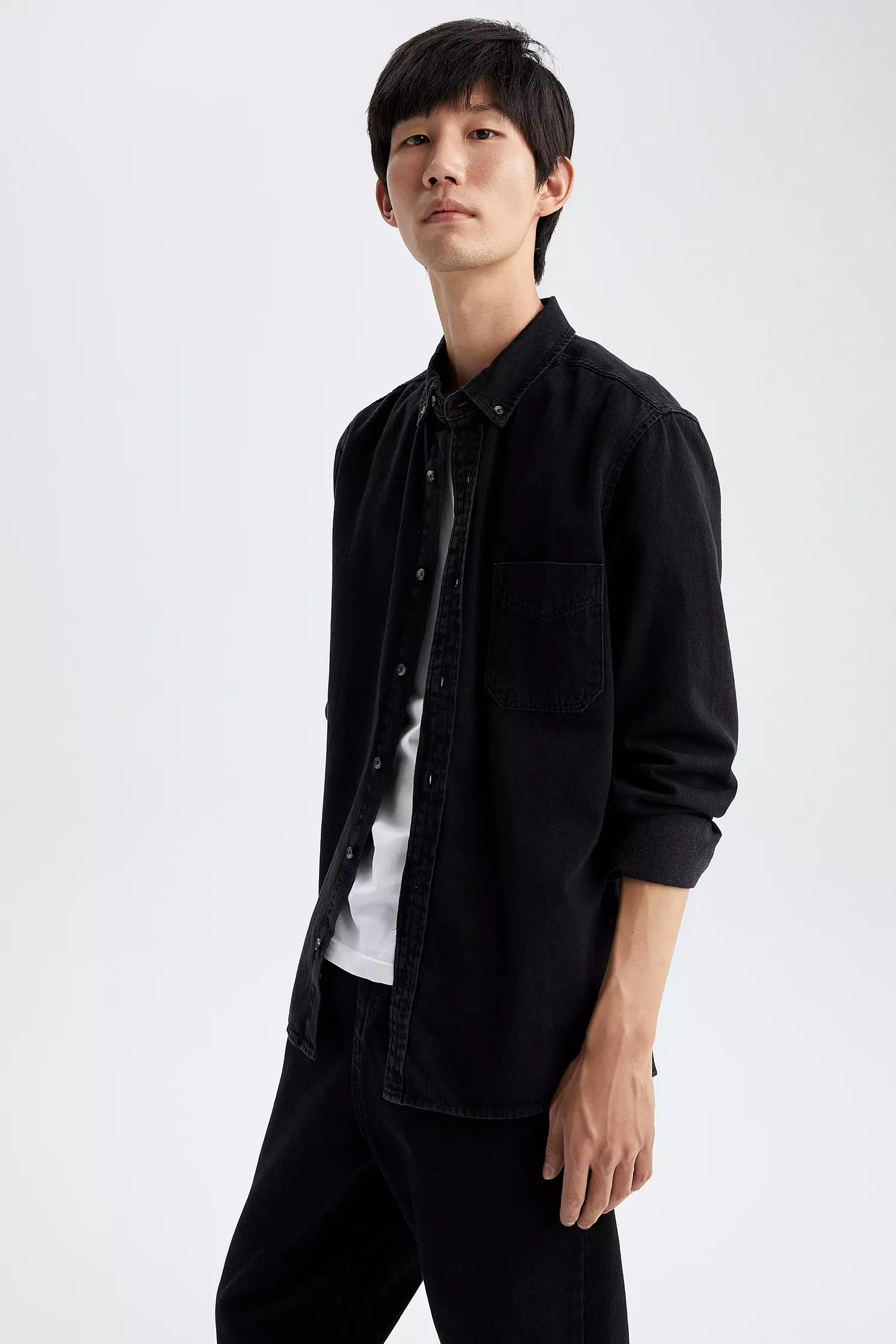 Mens slim fit black denim shirt shop