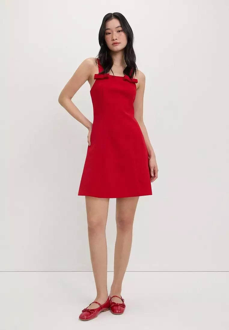 Bow Square Neck Dress - Red