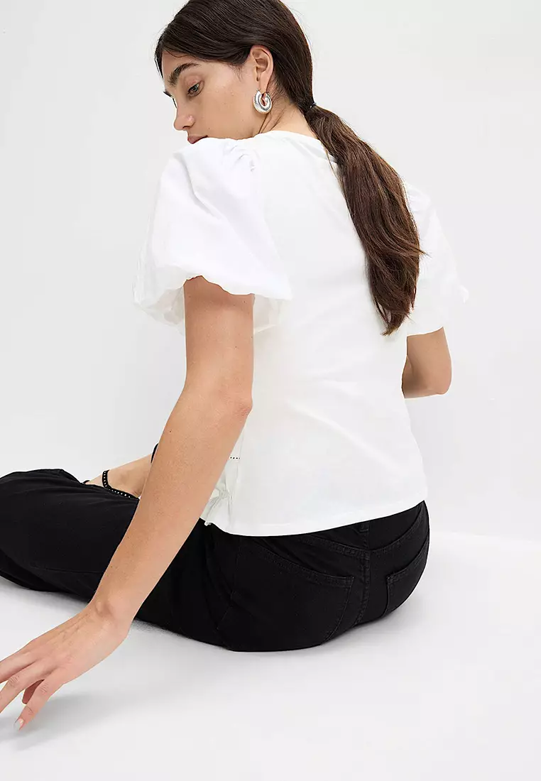 Pure Cotton Jersey Smocked Puff Sleeve Top