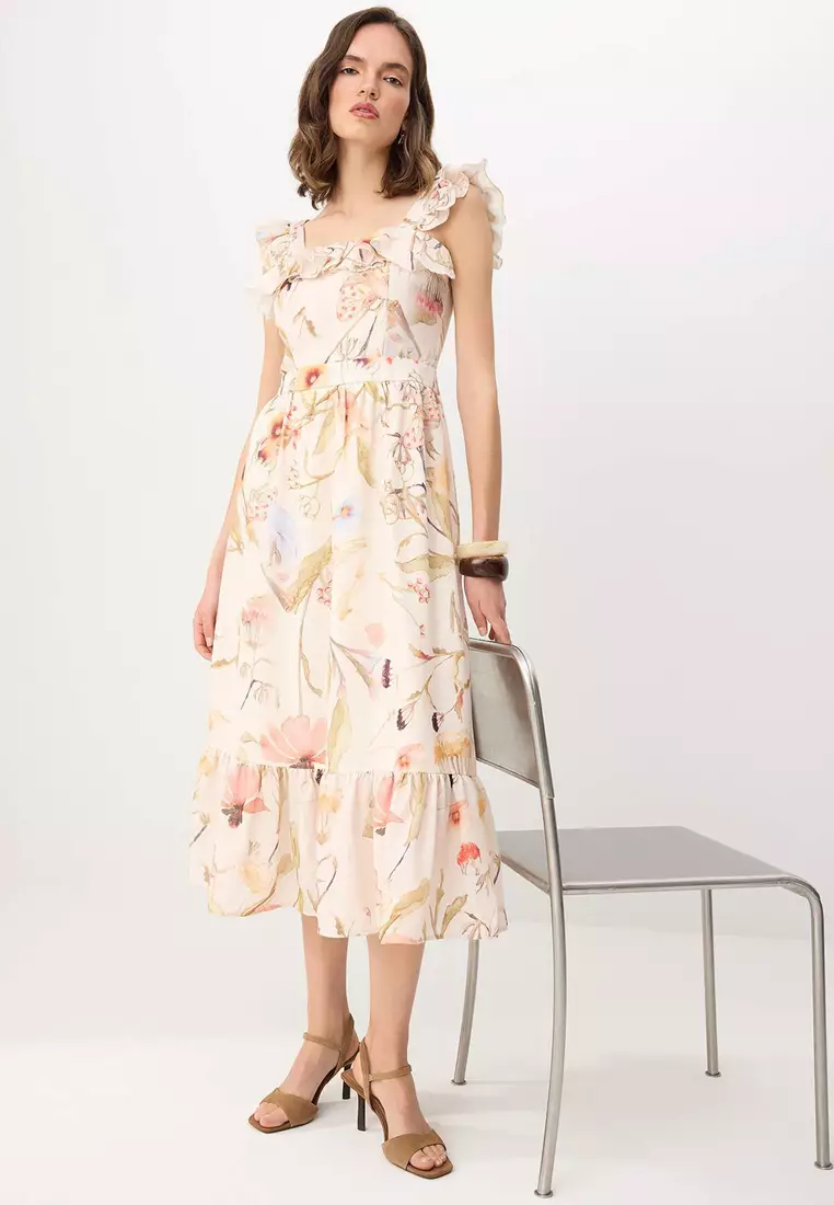 Cream Floral Midi Woven Dress Twoss26El861